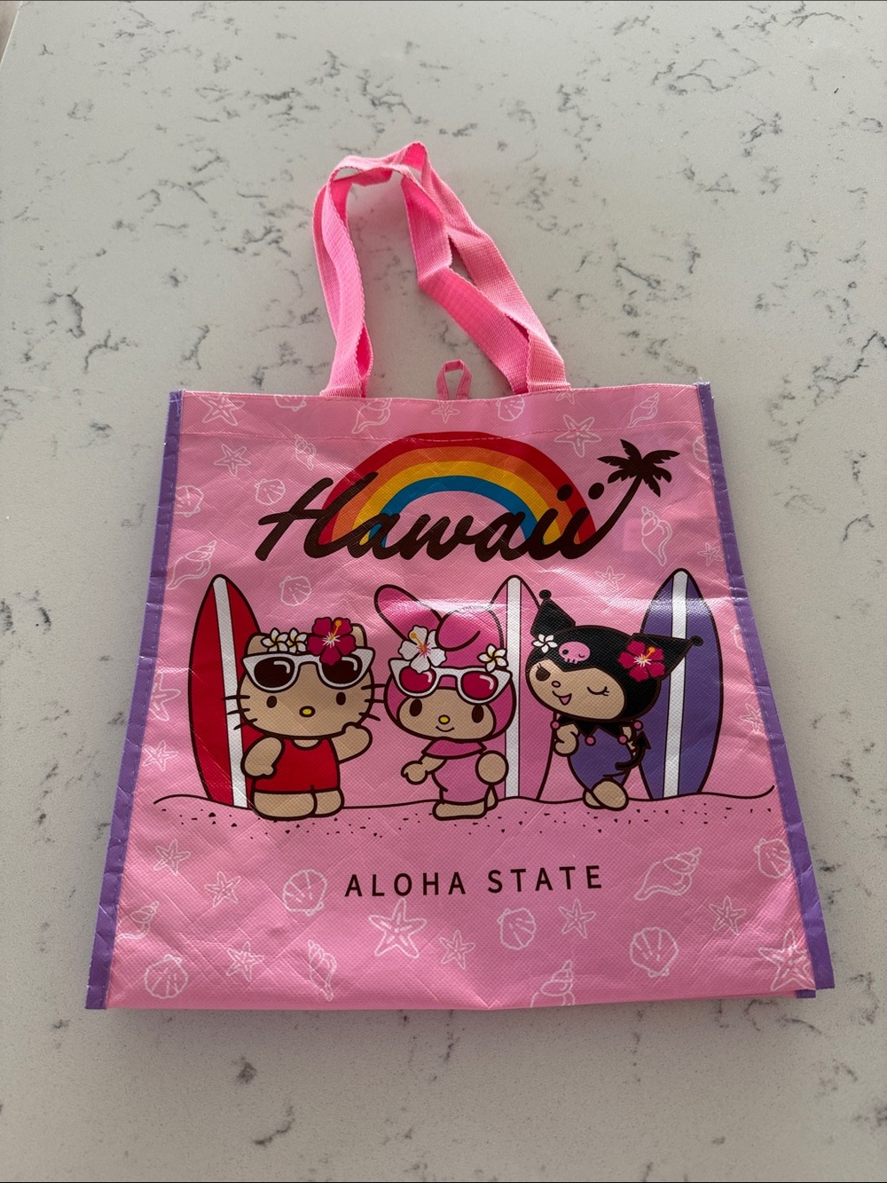 Hello Kitty Kuromi My Melody Hawaii "Aloha State" Tote Bag pink and purple